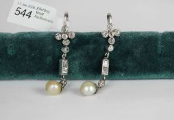 Natural Saltwater Pearl and Old cut Diamond drop earrings, two pearls each suspended from old cut