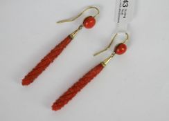 Vintage pair of carved coral drop earrings, 4cm carved coral drops suspended from oval cabochon