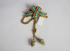 Victorian Turquoise Box memorial Brooch, Large yellow gold ribbon box with engraved detail,