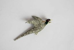 Diamond set Pheasant brooch, green and enamel head, diamond set body 4.5cm long, estimated diamond