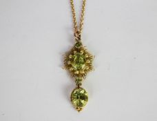 Green Chrysolite antique diamond necklace, two oval cut green Chrysolite stones, in a wire work