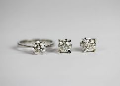 Solitaire Diamond ring and Pair of Diamond stud earrings, ring is set with 1 round brilliant cut