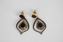 Pair of Garnet & Diamond drop earrings, set with 2 garnets to each earring, surrounded by