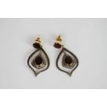 Pair of Garnet & Diamond drop earrings, set with 2 garnets to each earring, surrounded by