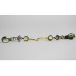 Pair of Peridot and Diamond drop earrings, each set with 2 cabochon cut peridots and 2 diamonds,