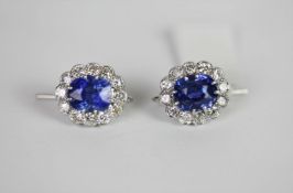 Ceylon Sapphire and diamond cluster earrings, exceptional blue oval cut sapphires, a surround of