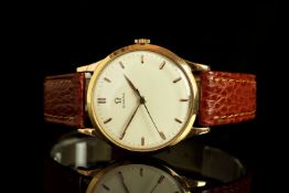 GENTLEMENS OMEGA OVERSIZE 18CT GOLD WRISTWATCH, circular off white dial with gold hour markers, gold