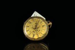 18CT OPEN FACED POCKET WATCH , tested 18ct, round, floral gold dial with black hands, black roman