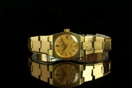 LADIES OMEGA AUTOMATIC GENEVE DATE WRISTWATCH, circular gold dial with gold and black hour markers