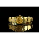 LADIES OMEGA AUTOMATIC GENEVE DATE WRISTWATCH, circular gold dial with gold and black hour markers