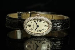 LADIES 18K WHITE GOLD CARTIER BAIGNOIR WITH PAVE DIAMOND SET BEZEL MODEL 1955, SN CC48...., oval,