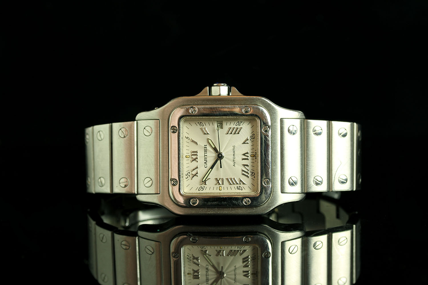 MID SIZE CARTIER SANTOS , MODEL 2319,square,silver dial and hands,silver roman numeral markers, date