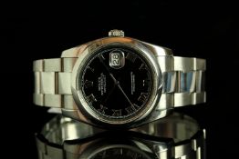 GENTLEMENS ROLEX OYSTER PERPETUAL DATEJUST WRISTWATCH, circular black dial with silver roman