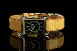 GENTLEMENS JAEGER LE COULTRE FABRIQUE EN SUISSE UNUSUAL WRISTWATCH, rectangular black dial with hour