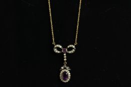 Amethyst and diamond Nouveau style necklace, Amethyst cluster, diamond set, bow design top, all