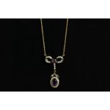 Amethyst and diamond Nouveau style necklace, Amethyst cluster, diamond set, bow design top, all