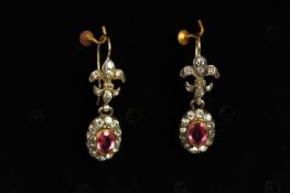 Early 20th Century Paste set earrings, pink oval cut stone to center cluster, fleur de lis tops,