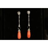 Coral, Onyx and Diamond Art Deco Style Drop Earrings, large drops of coral 20x9.5mm suspended from