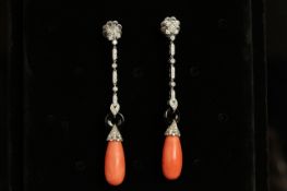 Coral, Onyx and Diamond Art Deco Style Drop Earrings, large drops of coral 20x9.5mm suspended from