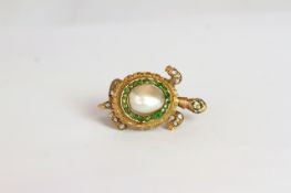 Vintage Marbe Pearl, Demantoid Garnet and Rose cut diamond set Tortoise Brooch, pearl and