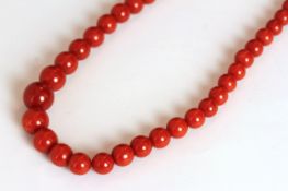 Graduated coral bead necklace, good coral beads 11.3mm to 4.6mm, approximately 50cm long gold clasp