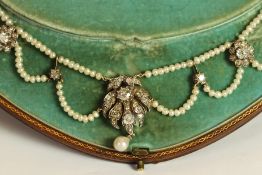 Antique Old Cut Diamond and Saltwater Pearl Necklace, feature Old cut diamond set floral center