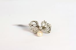 Victorian Old cut Diamond and Pearl Bow brooch, diamond set ribbon bow, three feature old cut