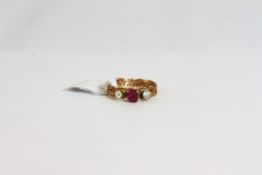 9CT RUBY AND WHITE STONE DRESS RING WITH HEART AND FILIGREE DESIGN SHANK, stamped 9ct,total weight