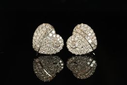 PLATINUM LARGE DIAMOND HEART CLIP ON EARRINGS , estimated total diamond weight 5.5ct, hallmarked,