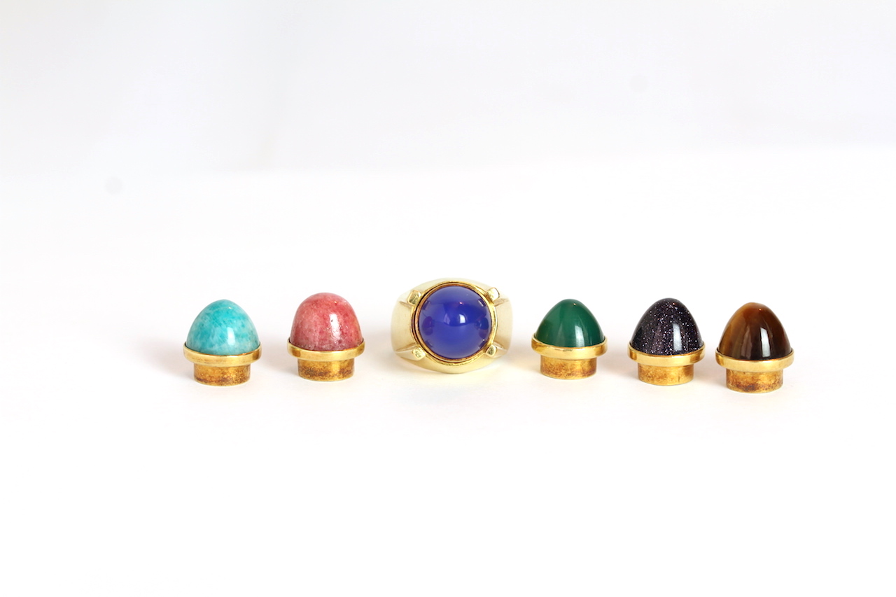 Vintage French Interchangeable gem set ring, Deco style mount with six cabochon cut gemstones with