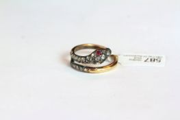 Victorian Ruby and Diamond Snake Ring, rose cut diamonds set across , ruby eyes mounted in silver