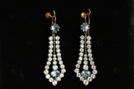 Georgian Style Paste set earrings, white paste stones with blue paste feature stones, as long drops,