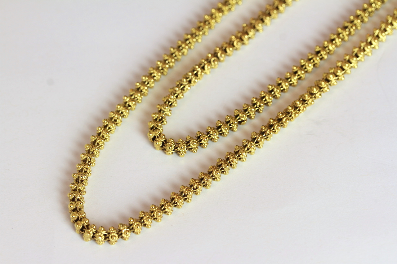 Georgian long chain, 4mm wide fancy bead link, barrel clasp, testing as 18ct, 120cm long, 62g