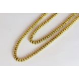 Georgian long chain, 4mm wide fancy bead link, barrel clasp, testing as 18ct, 120cm long, 62g