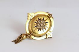 Victorian Pearl, Diamond and enamel memorial brooch, oval gilded gold locket, pearl set star with