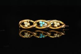 9CT TURQUOISE AND SEED PEARL BROOCH, 40x7mm, total weight 3.93gms .not hallmarked tested as 9ct.
