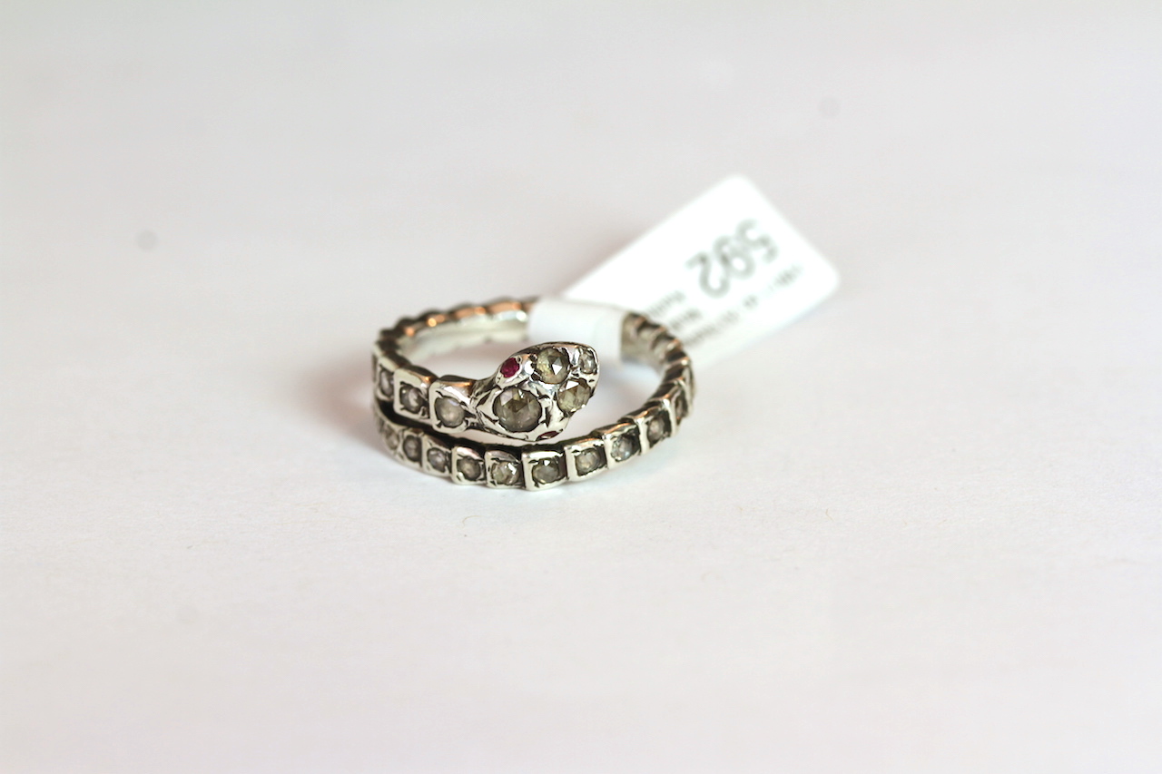 Georgian Diamond Snake Ring, rose cut and single cut diamonds, ruby set eyes, all in white metal