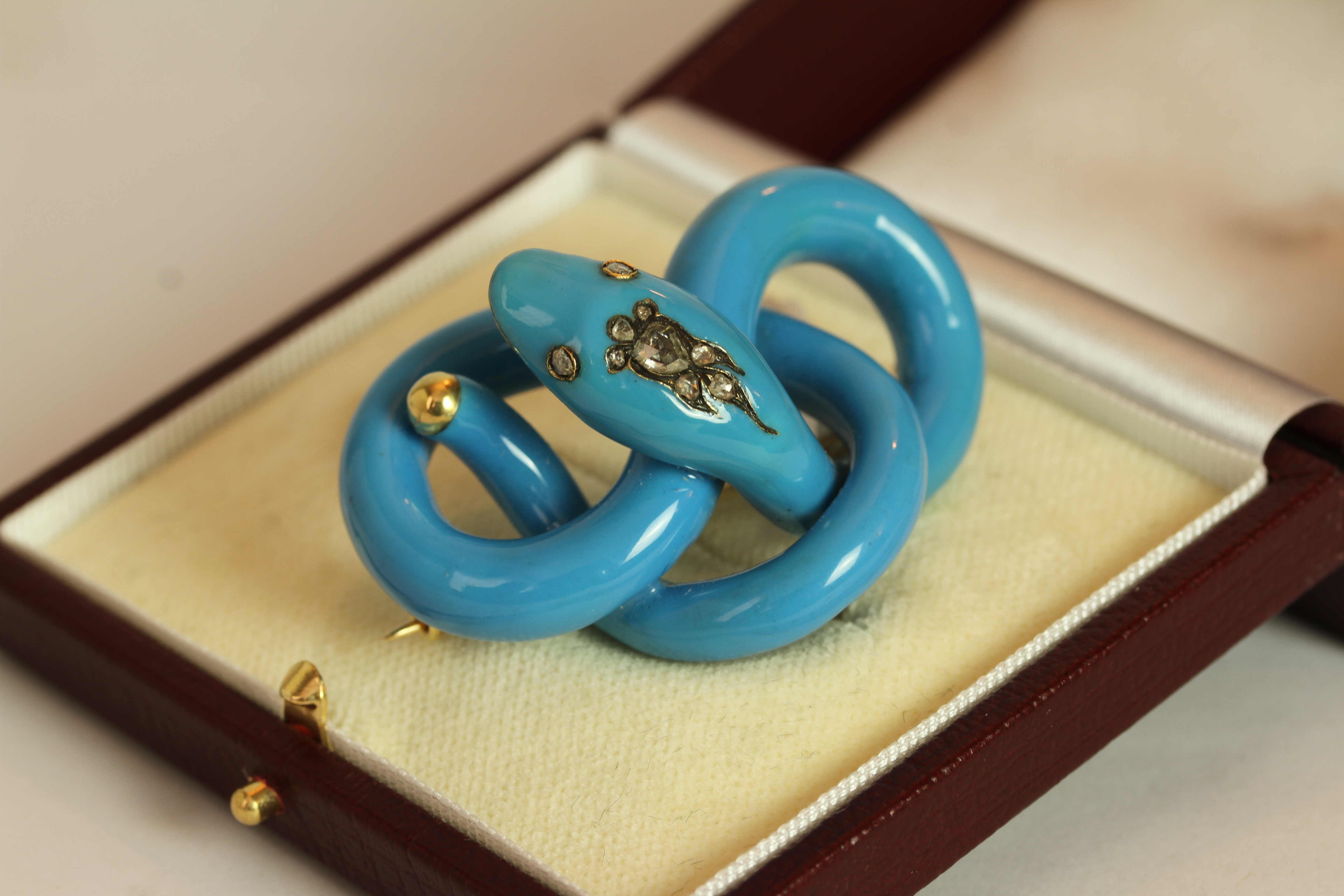 Victorian Turquoise snake brooch, carved turquoise set with diamond eyes and head, approximate width - Image 2 of 3