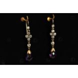 Early Amethyst and Diamond set earrings, briolette cut Amethysts suspended from si rose cut diamonds