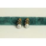 Pair of grey pearl and diamond drop earrings, grey pearls measure approximately 11.5mm x 9.6mm and