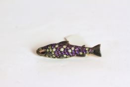 Amethyst, Peridot and Diamond set fish brooch, approximate total length 4.3cm.