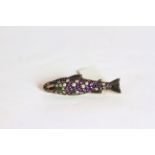 Amethyst, Peridot and Diamond set fish brooch, approximate total length 4.3cm.