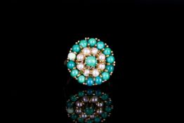 9CT SEED PEARL AND TURQUOISE DRESS RING, total weight 5.24 gms, ring size N.