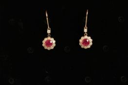 14K ROSE GOLD RUBY AND DIAMOND DROP EARRINGS, rubies estimated as 1.73ct total, strong pinkish red,