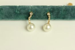 14K YELLOW GOLD SOUTH SEA PEARL AND DIAMOND DROP EARRINGS,,pearls estimated 10mm and 10.10mm , cream