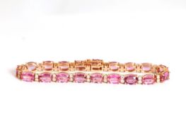 14K ROSE GOLD PINK SAPPHIRE AND DIAMOND TENNIS BRACELET,stamped 14k, strong pale pink sapphires