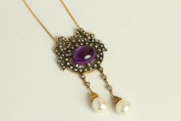 Amethyst, Diamond and Pearl bow-shaped drop necklace, set with 1 cabochon cut amethyst, surrounded