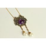 Amethyst, Diamond and Pearl bow-shaped drop necklace, set with 1 cabochon cut amethyst, surrounded