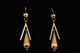 .Victorian rose gold drop earrings, briolette drops, rose gold tested as 9ct, French wire fittings