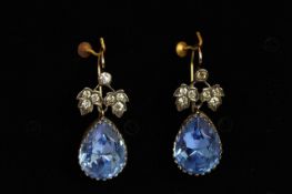.Early 20th Century Paste set earrings, large pear cut blue paste drops, white paste stones set to